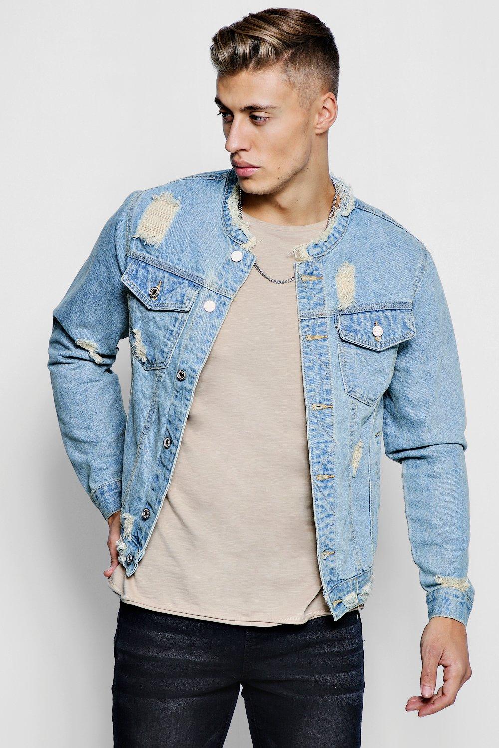 Collarless Denim Jacket With Distressing | boohooMAN UK